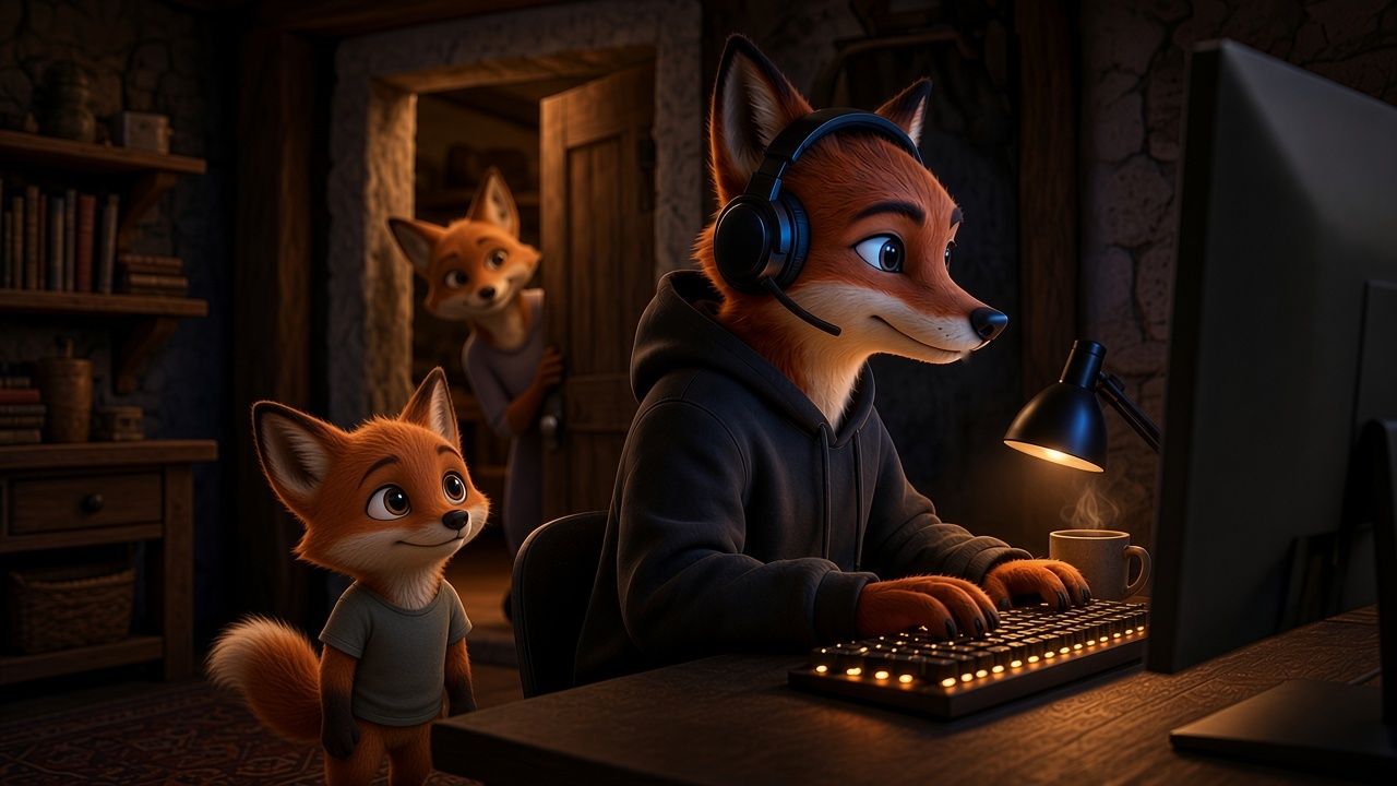A fox in a headset and hoodie types on a glowing mechanical keyboard beside a steaming coffee mug, while a curious kid fox peers up at the monitor and another fox peeks from the doorway behind them in a cozy, lamp-lit room.
