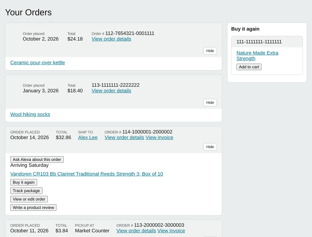 Sample order list with a Hide button on each order.