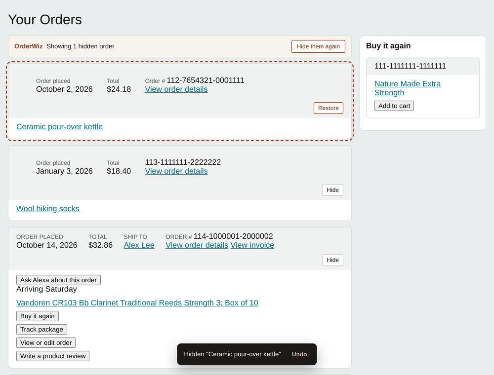 Show hidden view: the hidden order appears outlined with a Restore button, and the banner offers Hide them again.